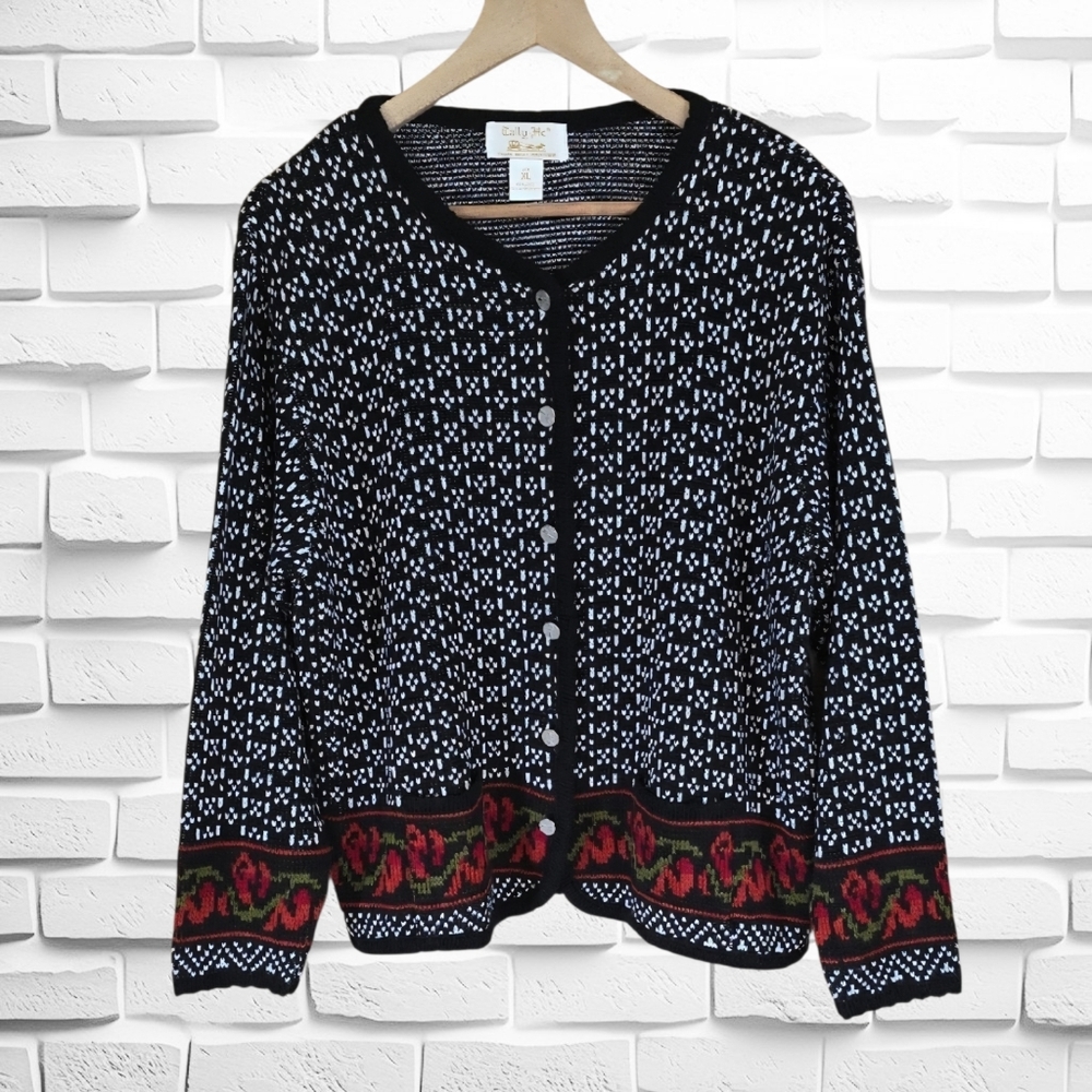 Tally Ho Black and White Patterned Cardigan with Red Accent Border